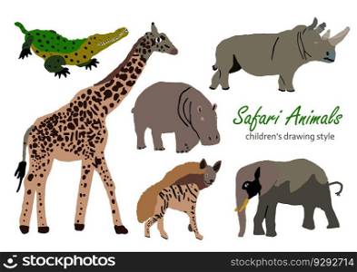 Vector illustration of cute wild safari African animals. I. Vector illustration of cute wild safari African animals. Including giraffe, elephant, hyena, crocodile, hippo, rhinoceros Funny cartoon doodle characters in scandinavian style. Kids