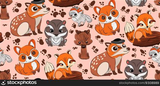 Vector illustration of cute woodland forest animals including a fox, raccoon, hedgehog, squirrel seamless pattern. cute woodland forest animals seamless pattern