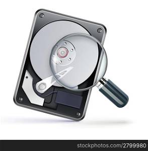 Vector illustration of data search concept with opened hard drive disk and magnifying glass