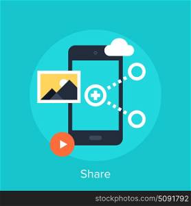 Vector illustration of data sharing flat design concept.. Share icon