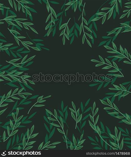 Vector illustration of decoration branches with leaves and grass, nature background. Landscape background with forest.. Decoration branches with leaves