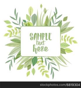 Vector illustration of decoration branches with leaves and grass, nature background with place for text