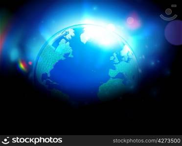 Vector illustration of detailed glossy earth map globe over blurred magic neon light background