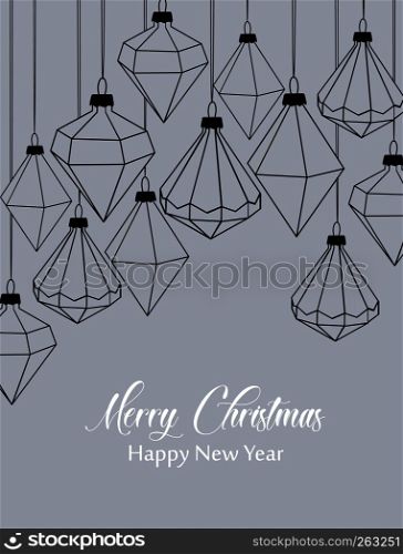 Vector illustration of Diamond Christmas balls on gray background. Merry Christmas card. Diamond Christmas balls