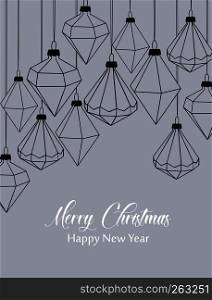 Vector illustration of Diamond Christmas balls on gray background. Merry Christmas card. Diamond Christmas balls
