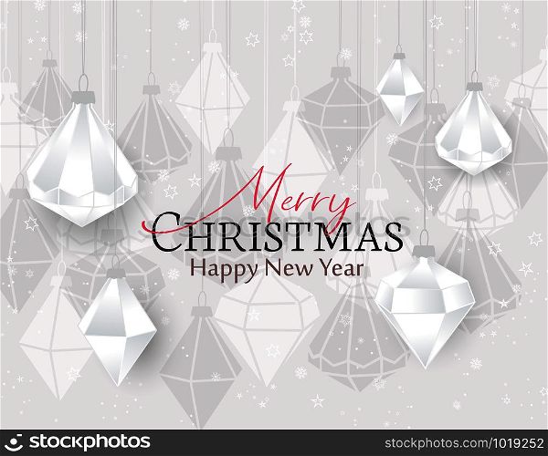 Vector illustration of Diamond Christmas balls on red background. Merry Christmas card. Diamond Christmas balls