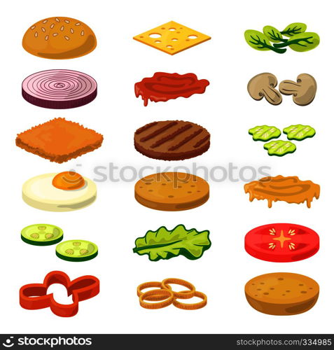 Vector illustration of different burgers ingredients in cartoon style. Fast food pictures. Ingredient food for snack burger cartoon. Vector illustration of different burgers ingredients in cartoon style. Fast food pictures