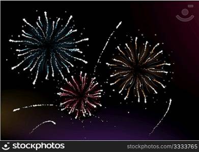 Vector illustration of different fireworks lighting up the sky in black background. Great for celebration and festive works.