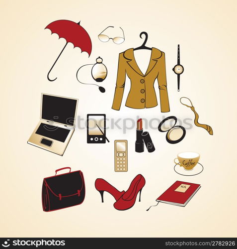 Vector illustration of different items related to business woman lifestyle.