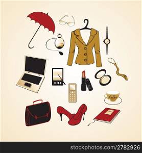 Vector illustration of different items related to business woman lifestyle.