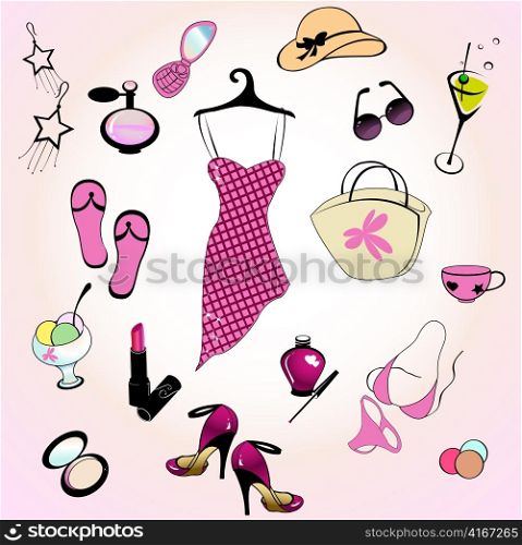 Vector illustration of different items related to glamour summer lifestyle.
