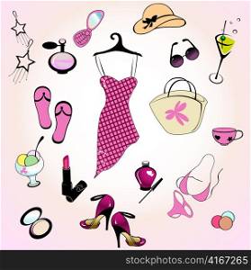 Vector illustration of different items related to glamour summer lifestyle.