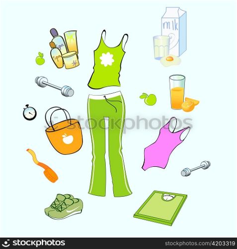 Vector illustration of different items related to sport and healthy lifestyle.