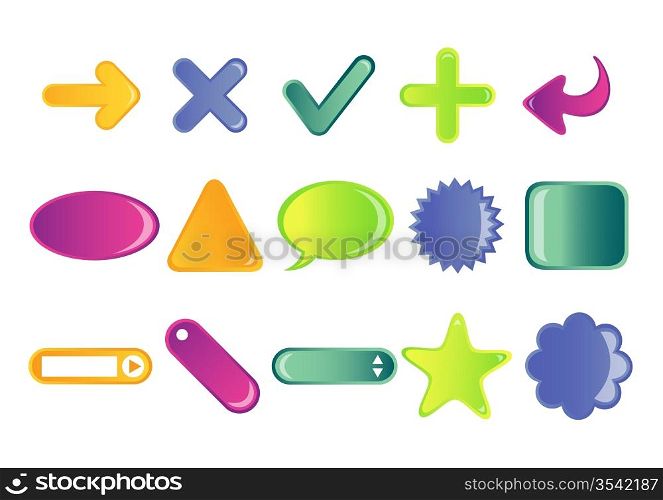 Vector illustration of different simple cartoon icons (arrows, plus, minus, tags, labels). You can use it for your website, application, or presentation