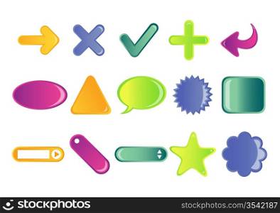 Vector illustration of different simple cartoon icons (arrows, plus, minus, tags, labels). You can use it for your website, application, or presentation
