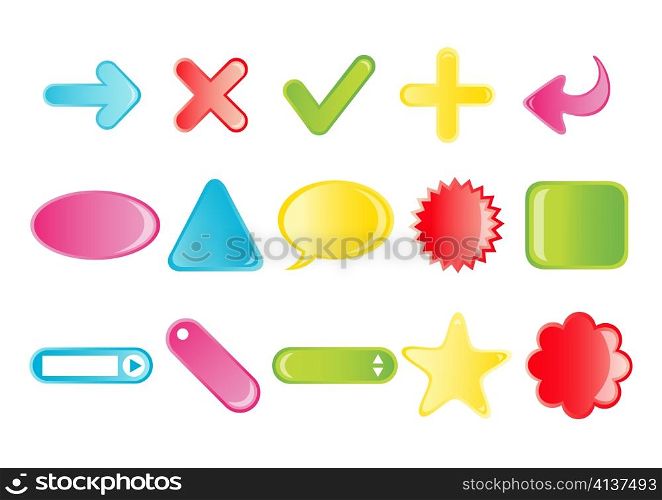 Vector illustration of different simple cartoon icons (arrows, plus, minus, tags, labels). You can use it for your website, application or presentation