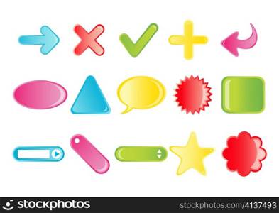 Vector illustration of different simple cartoon icons (arrows, plus, minus, tags, labels). You can use it for your website, application or presentation