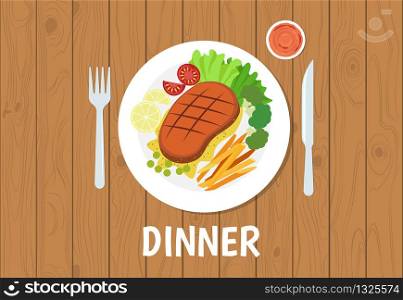 Vector illustration of dinner set on brown table wooden background