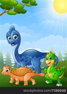 vector illustration of Dinosaurs cartoon in the jungle