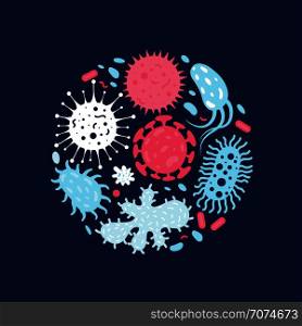 Vector illustration of doodle microbes. Drawing bacteria virus and bacteria infection. Vector illustration of doodle microbes