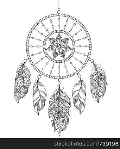Vector illustration of dreamcatcher on white background.Coloring book for adult.. dreamcatcher on white background