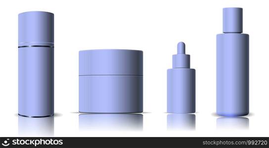 Vector illustration of dropper bottle, cream jar, shampoo and spray. Realistic cosmetic products mockup set. Ready for branding or commercial use.. Dropper bottle, cream jar, shampoo, spray.