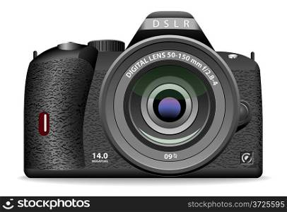 Vector illustration of DSLR photo camera isolated on white background. Front view.