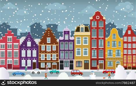 Vector illustration of dutch town in winter days (classic buildings)