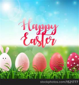 Vector illustration of Easter background with bright easter eggs in the grass on sunny sky background