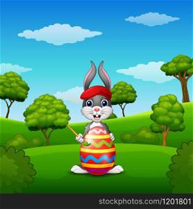 Vector illustration of Easter bunny painting easter eggs in the park