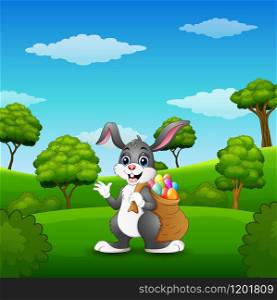 Vector illustration of Easter bunny rabbit with easter eggs a sack of full in the park