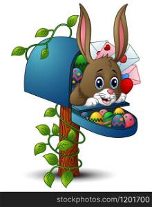 Vector illustration of Easter bunny with easter eggs and the mailbox
