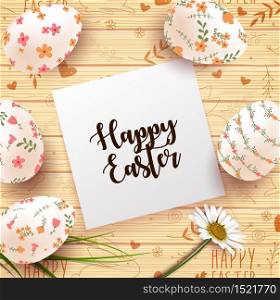 Vector illustration of Easter Card with realistic eggs and daisy flower on wood texture background