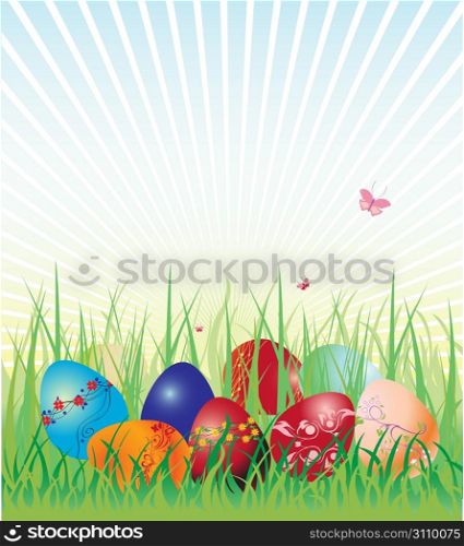 Vector illustration of Easter eggs on the beautiful green grass background. The edds are decorated with floral elements.