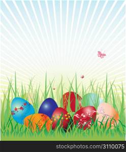 Vector illustration of Easter eggs on the beautiful green grass background. The edds are decorated with floral elements.