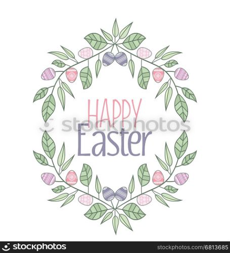 Vector illustration of Easter frame with branches and leaves, Easter eggs