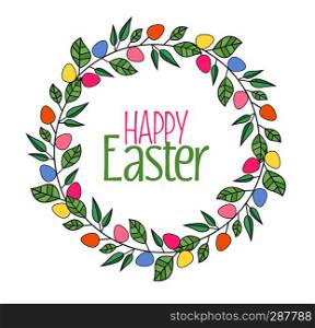 Vector illustration of Easter frame with branches and leaves, Easter eggs. Easter frame with branches