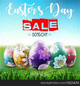 Vector illustration of Easter sale banner with ornamental easter eggs in the grass