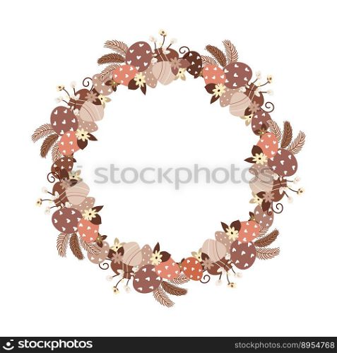Vector illustration of Easter wreath made of flowers and eggs and feathers . Easter wreath. Vector illustration