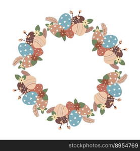 Vector illustration of Easter wreath made of flowers and eggs and feathers . Easter wreath. Vector illustration
