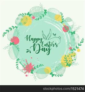 Vector illustration of Easter wreath with easter eggs hand drawn green on green background