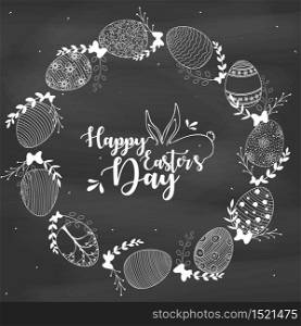 Vector illustration of Easter wreath with easter eggs hand drawn on chalk board