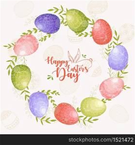 Vector illustration of Easter wreath with easter eggs in sweet colorful