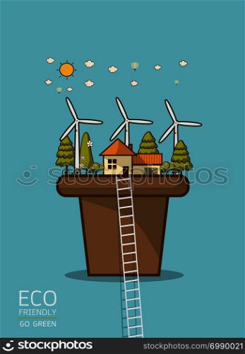 Vector illustration of eco earth with of wind turbine, bike , solar cell ,house, and trees. Background for save earth day. Environmental, ecology, nature protection and pollution concept.
