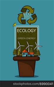 Vector illustration of eco home with of wind turbine, bike , solar cell and trees. Background for save earth day. Environmental, Recycle sign for ecology, nature protection and pollution concept.