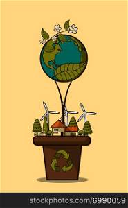 Vector illustration of eco home with of wind turbine, bike , solar cell and trees. Background for save earth day. Environmental, Recycle sign for ecology, nature protection and pollution concept.