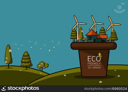 Vector illustration of eco home with of wind turbine, bike , solar cell ,house, and trees. Background for save earth day. Environmental, ecology, nature protection and pollution concept.