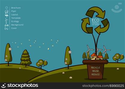 Vector illustration of eco home with of wind turbine, bike , solar cell ,house, and trees. Background for save earth day. Environmental, Recycle sign for ecology, nature protection and pollution concept.