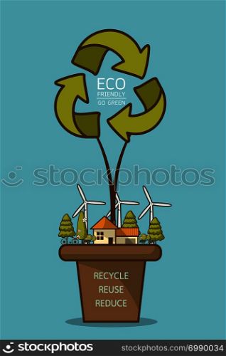Vector illustration of eco home with of wind turbine, bike , solar cell ,house, and trees. Background for save earth day. Environmental, Recycle sign for ecology, nature protection and pollution concept.