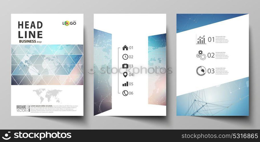 Vector illustration of editable layout of three A4 format modern covers design templates for brochure, magazine, flyer, booklet. Polygonal geometric linear texture. Global network, dig data concept.. The vector illustration of the editable layout of three A4 format modern covers design templates for brochure, magazine, flyer, booklet. Polygonal geometric linear texture. Global network, dig data concept.